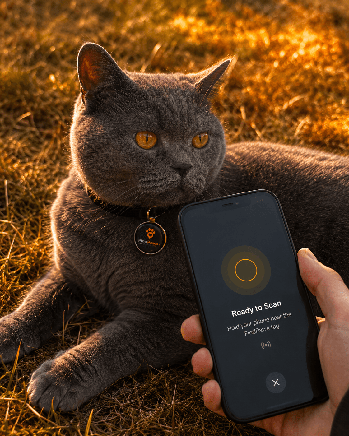 A phone tapping a FindPaws NFC tag on a cat